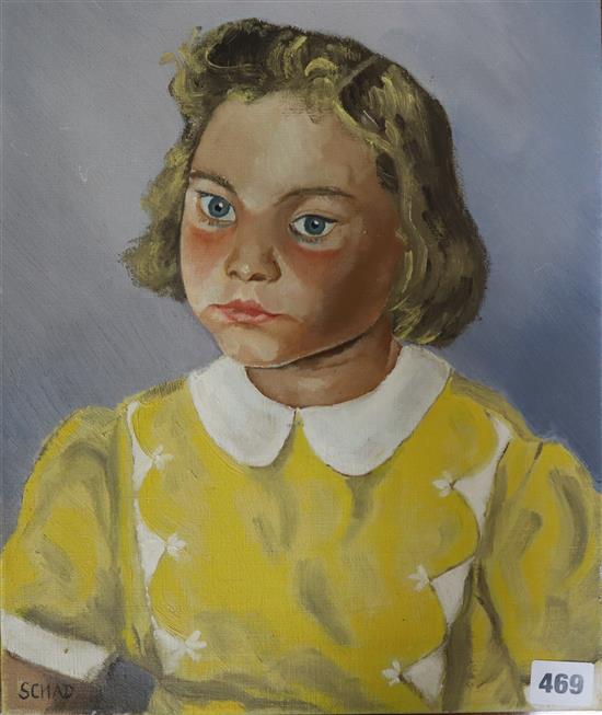 C. Schad, oil on canvas, Portrait of a girl in a yellow dress, signed, 40 x 30cm, unframed